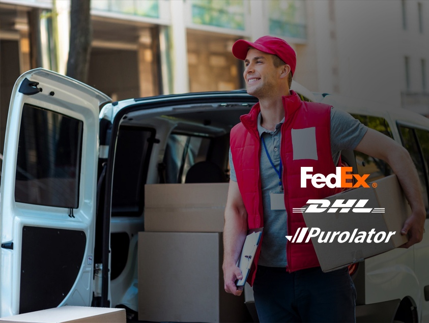 Courier delivery driver with DHL, FedEx, and Purolator logos